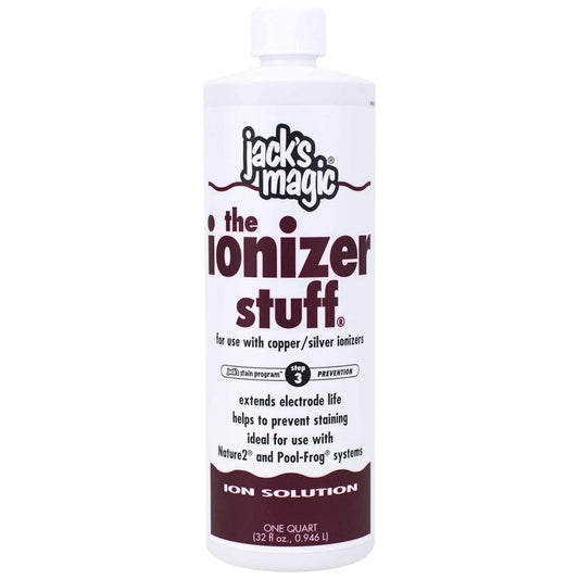 The Jacks Magic Ionizer Stuff Solution, 32 oz (JMION032), is a white bottle designed for copper/silver ionizers to prevent copper staining in pool water as step 3 prevention.