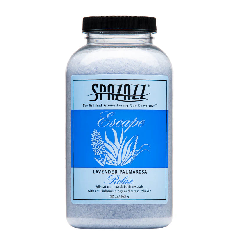 A 22 oz (623 g) jar of Spazazz Lavender Palmarosa - Relax aromatherapy crystals, featuring a blue label with lavender imagery.