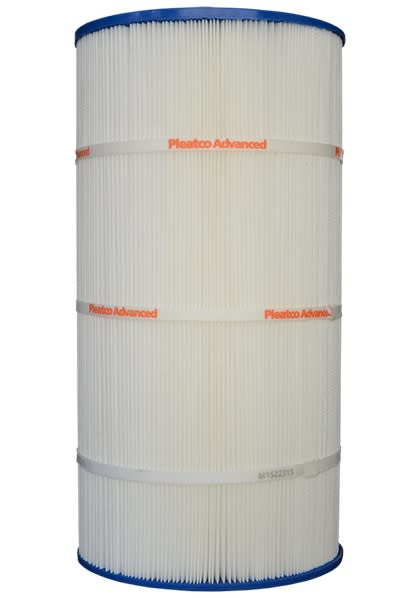 The Filbur Filter Cartridge 90 sf (Hayward C-900/Posi-Clean PXC95 | FC-1292) is a cylindrical pleated filter made with Reemay polyester, featuring a white body, blue edges, and labeled with "Pleatco Advanced" in red. It's ideal for spa and pool filtration.