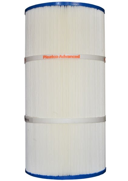 A white cylindrical Filbur Filter Cartridge, model FC-1975, features blue ends and two horizontal bands with "Pleatco Advanced" labeling.