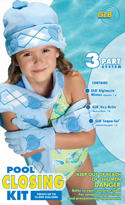A young girl in a blue hat, scarf, and seashell gloves stands by a pool. Text promotes the GLB Pool Closing Kit (71502) for pools up to 12K gallons, highlighting winter algaecide and safety warnings for winter maintenance.