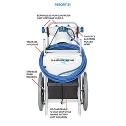 Pool Goods' Hammerhead 30" Portable Vacuum, labeled "RESORT 30," includes urethane wheels, a rubber hose, and a two-piece head. It features stainless hardware and a rechargeable 12-volt battery with a 60' cord and charger.