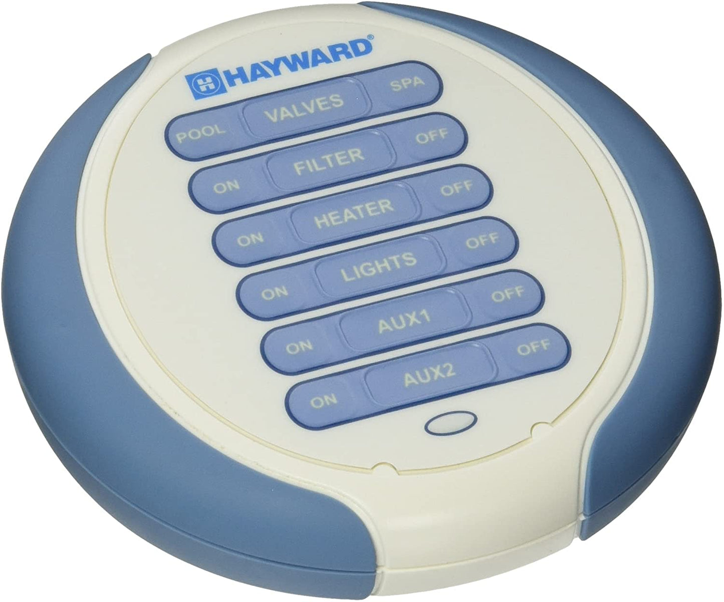 The Hayward Goldline Wireless Spa Side Remote (AQL2-SS-RF) features buttons for pool, valves, spa, filter, heater, lights, aux1, and aux2. Its blue and white casing branded with "Hayward" ensures seamless integration with salt chlorination systems for a pristine pool experience.