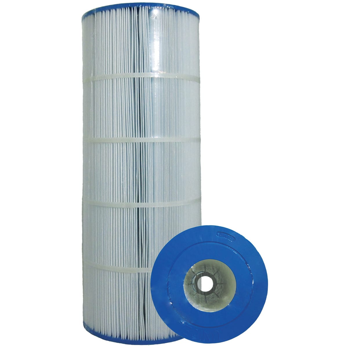 The Hayward C1200 Replacement Cartridge Element (CX1200RE) by HAYWARD is a tall, cylindrical pool filter cartridge with white pleats and blue end caps. Made from premium materials, it meets NSF standards for quality and durability. Ideal for replacements, it stands upright with one end cap forward.