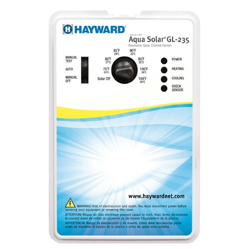 The Hayward Goldline Solar Pool Heating Combo Control w/ GL-235, 2" Valve (GLC-2P-A) offers manual, auto, and solar settings with indicators for power, heating, cooling, and check sensor. It features differential temperature control to enhance performance and efficiency.