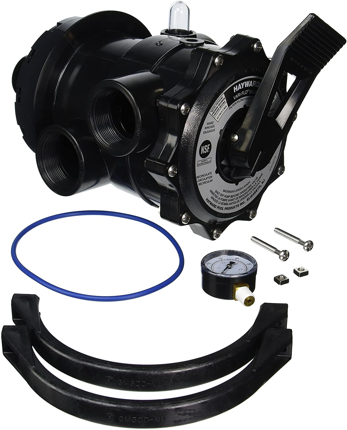 The Hayward Vari-Flo 2" Multiport Valve w/ Clamp (SP071620T) by HAYWARD is shown with handle, gauge, O-ring, screws, and two curved pipe fittings on a white background—perfect for efficient pool filter maintenance and backwash.
