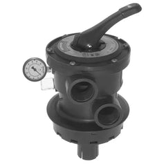 The Hayward Selecta-Flo DE Multiport Valve, 4-Position (SP0740DE) by HAYWARD features a pressure gauge and multiple connections for managing water flow in pool filtration systems with pleated element filters and easy-clean D.E. technology.