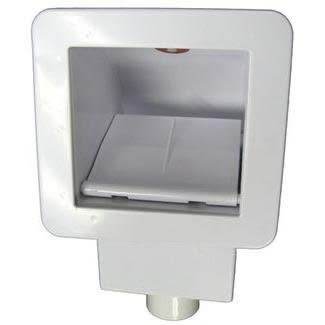 The Hayward Front Access Spa Skimmer | SP1099S by HAYWARD features a white recessed box with a fiberglass finish and an easy-to-use drain connection at the base.