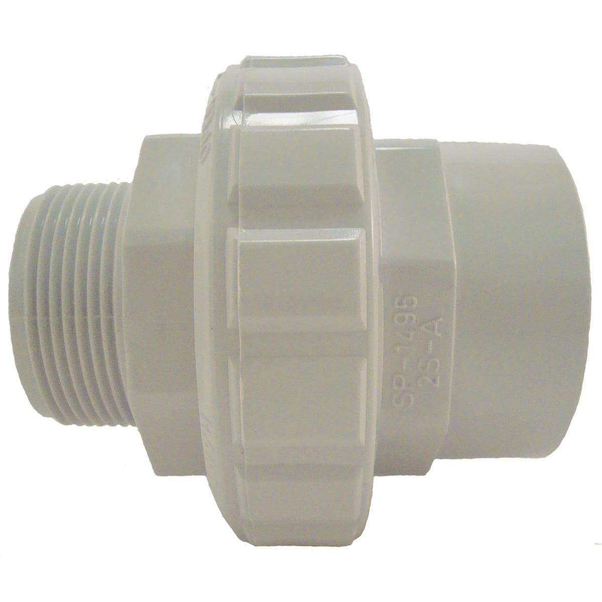 Side view close-up of a gray Hayward Flush Union 1-1/2" MIP (SP14953S) PVC threaded pipe connector, featuring a hexagonal middle section and male/female socket design by HAYWARD.