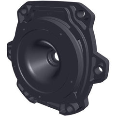 The Hayward Pump Seal Plate (SPX3200E) by HAYWARD is a black, round mounting bracket featuring four corner bolt holes and a central circular opening.