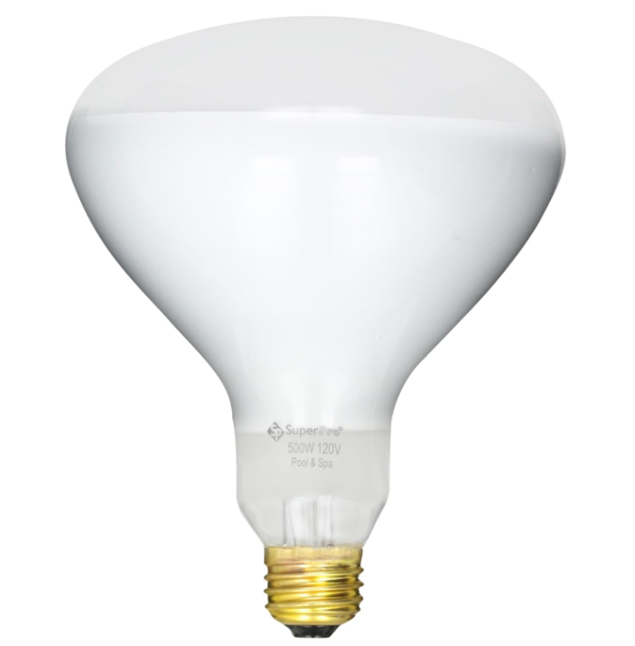 The Halco R40FL500/HG Incandescent Bulb by Pool Goods is large with a standard screw base, wide rounded top, and is labeled 500W 120V, perfect for pool and spa lighting.