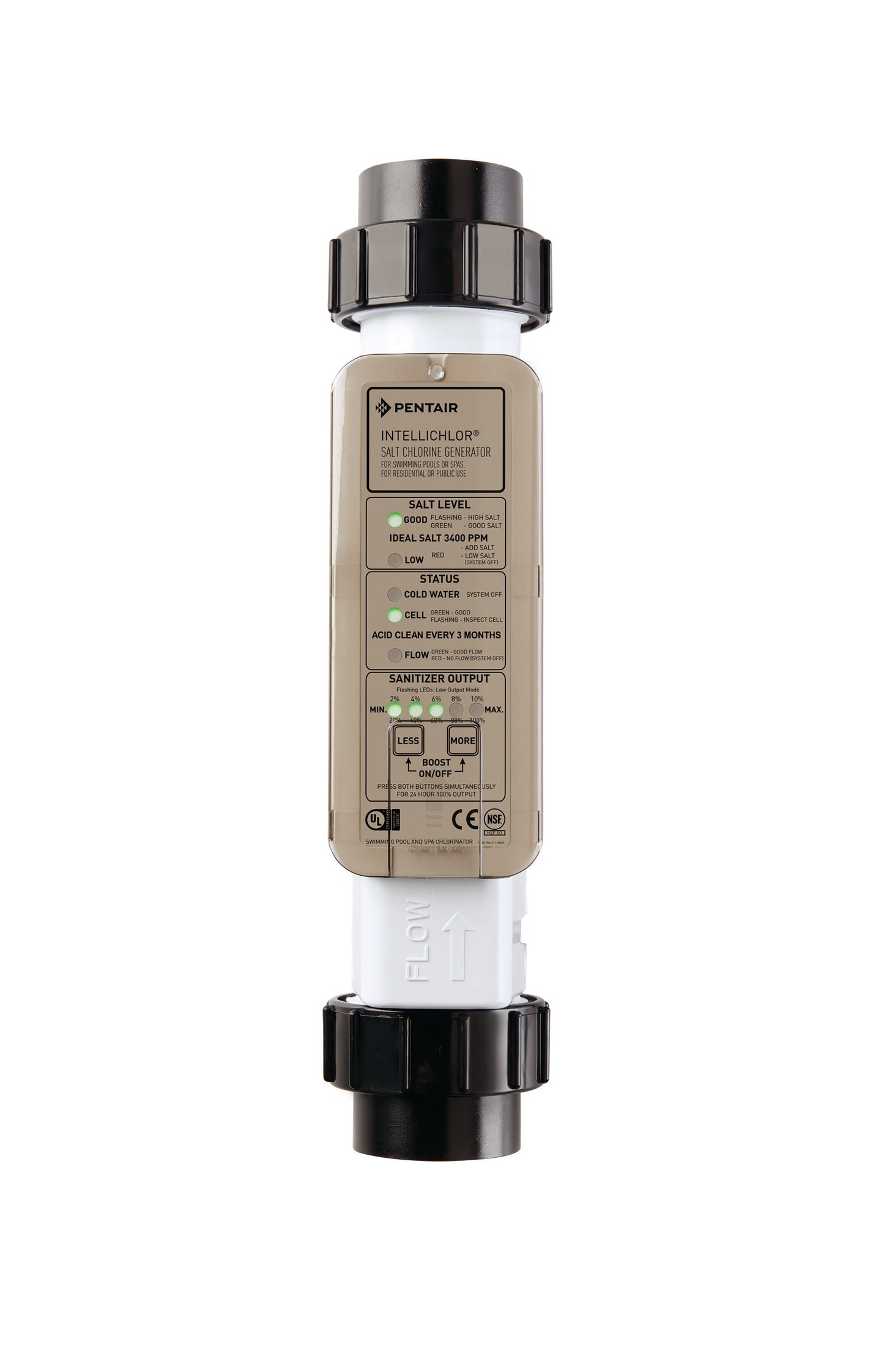 The Pentair IntelliChlor IC40 Cell Salt Chlorine Generator (EC520555) features black fittings, status indicators, "More" and "Less" buttons, and detailed operating instructions on the front panel for efficient pool sanitization.