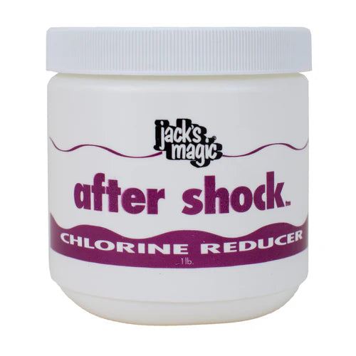 Jack's Magic After Shock Chlorine Reducer, 1 lb (JMAFTER16) in a plastic container with a white lid and purple label, ideal for quickly reducing chlorine levels in commercial pools.