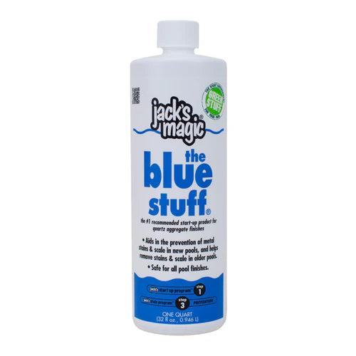 Jacks Magic Blue Stuff Pool Stain Remover, 32 oz (JMBLUE032), is a proprietary blend designed by Jacks Magic to prevent metal stains and scale. It's perfect for quartz aggregate finishes and aids in effective copper removal.