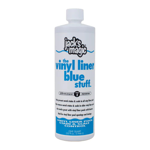 A 32 oz bottle of Jacks Magic Vinyl Liner Blue Stuff (JMBLUEVINYL032) effectively prevents metal stains and controls stain and scale in vinyl liner pools.