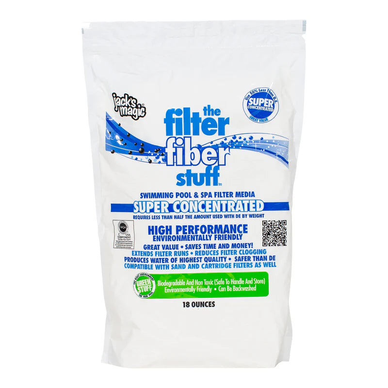 The white 18 oz bag labeled "Jacks Magic Filter Fiber Stuff - JMFIBER18" is a biodegradable, super-concentrated pool and spa filter media that enhances performance while being eco-friendly.