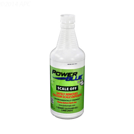 The Jacks Magic Power Blue Scale Off, 32 oz (JMPBSCALEOFF032) is a white spray bottle designed to remove calcium scale deposits, featuring environmentally friendly green and red text. Quick cleaning with a simple spray and wipe. Contains 1 quart (32 fl oz).