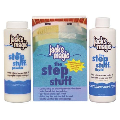 A pack of two "Jack's Magic The Step Stuff" bottles includes a powder and liquid for pool step stain removal, ideal for maintaining pristine vinyl liner steps.