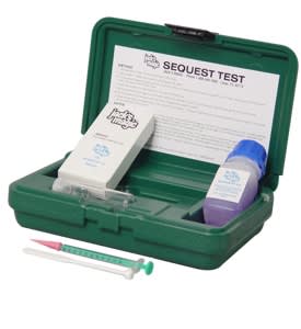 Green plastic case with Jacks Magic WSL-JACKS MAGIC SEQUEST TEST KIT includes a syringe, dropper, bottles, and instructions for water quality testing in preventative maintenance.