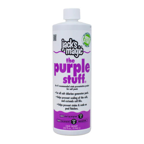 JacksMagic Jacks Magic Purple Stuff Salt Solution, 32 oz (JMPURPLE032), offers stain prevention and benefits for pools with salt generators.