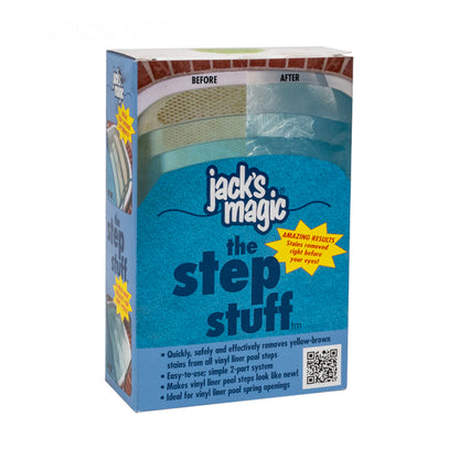 Box of "Jack's Magic The Step Stuff" (JMSTEPSTUFF) for cleaning vinyl liner pool steps, with a striking before-and-after photo. Features QR code and text detailing its benefits as an efficient stain remover with proven removal claims.