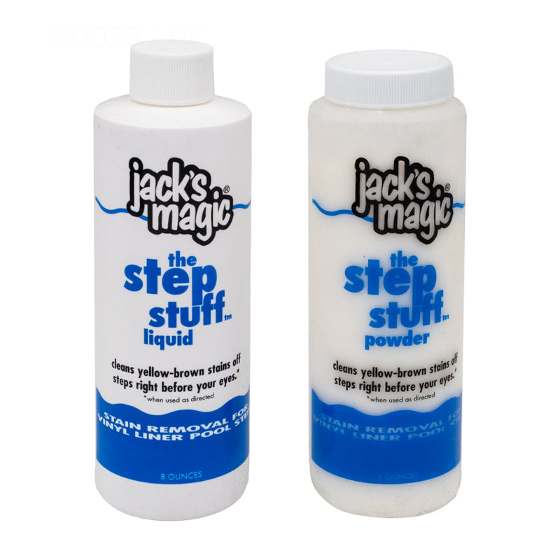 Two bottles of Jack's Magic The Step Stuff cleaner, available in liquid and powder forms, effectively remove yellow-brown stains from vinyl liner pool steps.