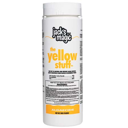 The Jacks Magic Yellow Stuff Algaecide, in a 2 lb white bottle (JMYELLOW2), effectively manages algae breakouts in pools.