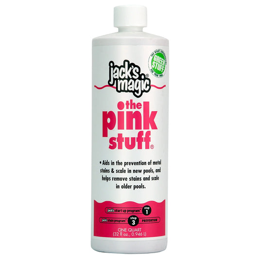 The white 32 oz bottle of Jacks Magic Pink Stuff Metal Remover (JMPINK032) is ideal for preventing pool scale and removing metal and mineral stains.