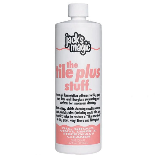 The JacksMagic 32 oz Tile Plus Stuff bottle, product number 71725, features a gel formula with multi-acid properties, ideal for cleaning tile, grout, vinyl liners, and fiberglass surfaces.