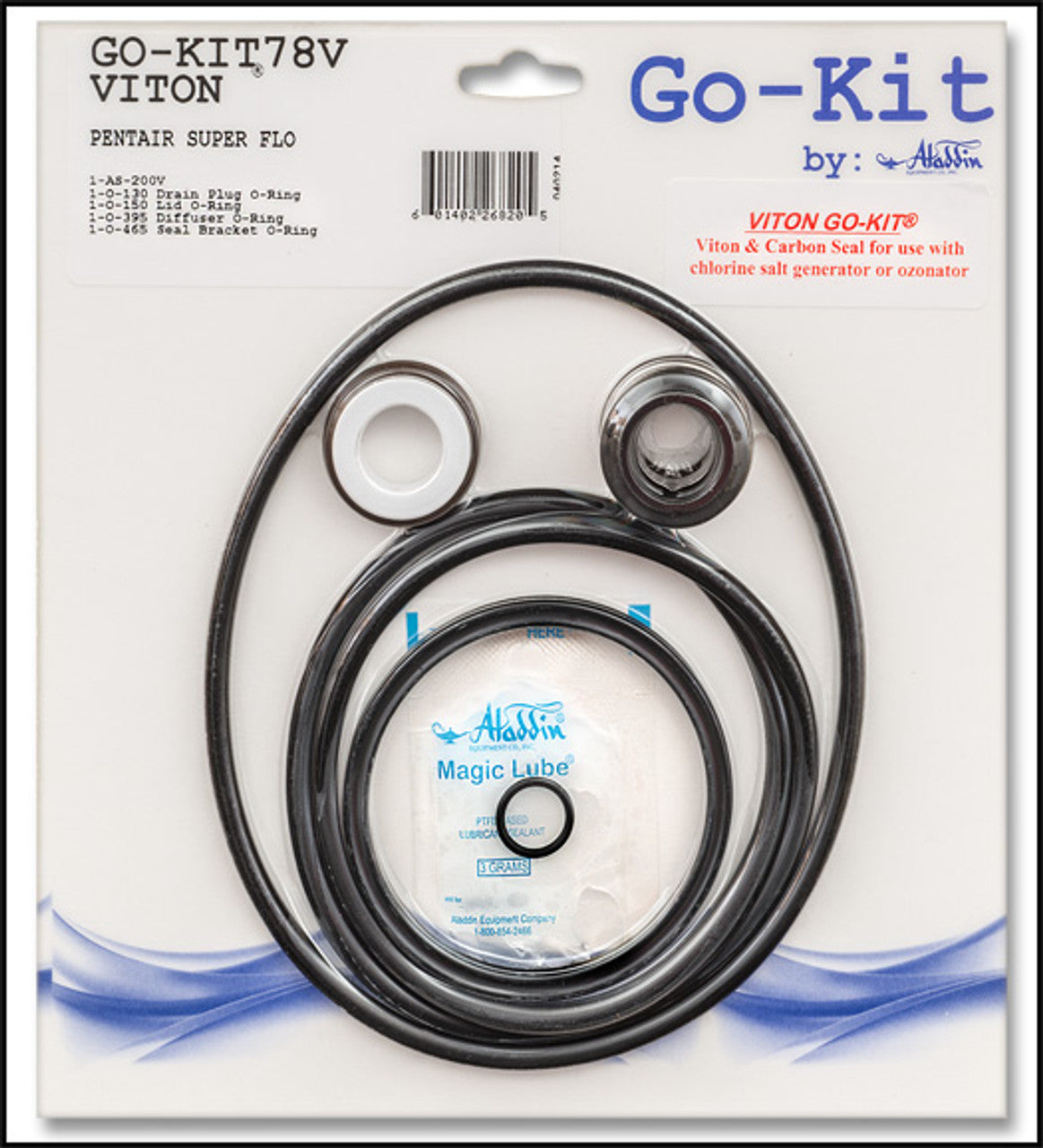 The Aladdin GO-KIT78 for Pentair SuperFlo Pump includes essential gaskets, o-rings, and a tub of Magic Lube, making it an indispensable repair kit.