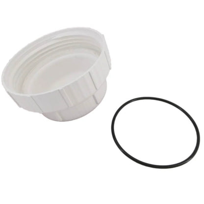 The Frog King Tech Pool Frog 40K Cap (white plastic, threaded) and black rubber O-ring (01-22-9416) are displayed together on a plain white background.