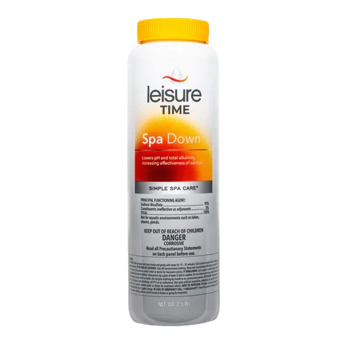 The gray "Leisure Time Bromine Tablets" container, featuring a drop graphic and an orange lid, maintains spa water. Pair with Leisure Time Spa Down Balancer (2.5 lb Bottle, 22338A) to balance pH levels for a relaxing experience.