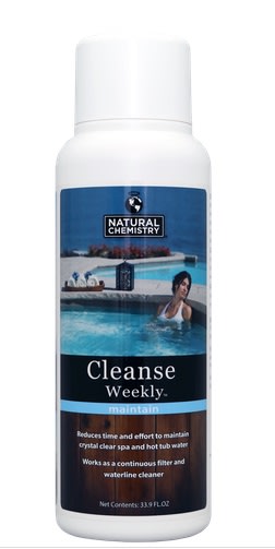 Bottle of Natural Chemistry Spa Cleanse, 32 oz, by NaturalChemistry with natural enzymes for effective cleaning, featuring a background image of a person in a pool.