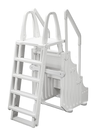 The Ocean Blue Step & Ladder Assembly for 48-54" A/G Pools with two handrails offers a secure and convenient dual-sided step solution for easy pool entry.