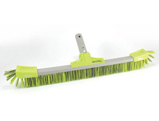 The Oreq 22" Animal Pro Plaster/Gunite Brush (BR4122C) features a wide, rectangular design with green bristles, yellow end caps, and a central bracket—ideal for cleaning plaster and gunite pool surfaces.