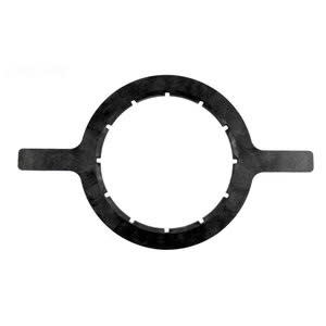 The Pentair 8.5" Closure Wrench has a black, circular metal disc with two handles on opposite sides and small notches around the inner circle.