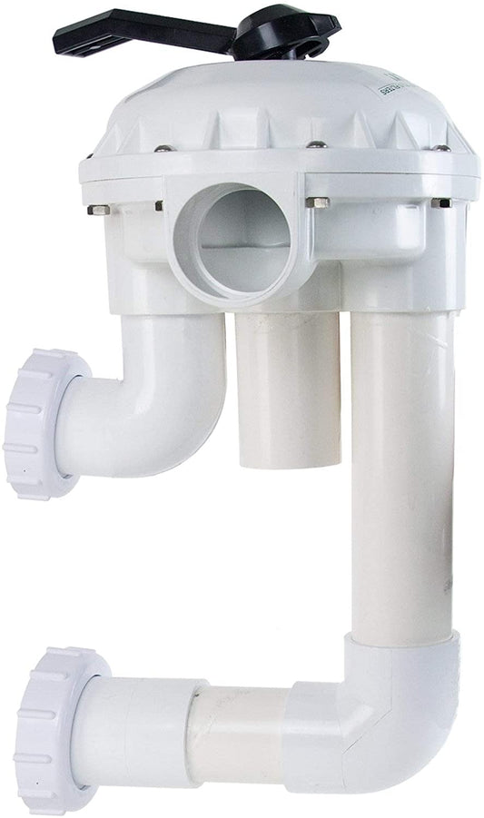 The Pentair DE Multiport Valve, 2" HIFLO Side Mount (261142), is a white plumbing valve with multiple pipe connections and a black handle, designed for efficient water flow control.