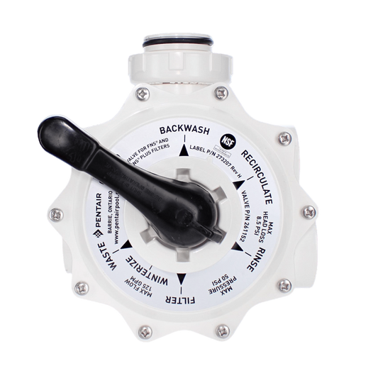 The Pentair DE Multiport Valve 261152, a 2" side mount by Pentair, optimizes performance with labeled settings: backwash, filter, rinse, waste, recirculate, and winter. Its black handle is positioned on the filter setting for Hi-Flow operation.