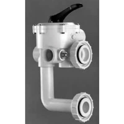 The Pentair DE Multiport Valve, 1.5" Side Mount (261177), is a gray plastic valve with a black handle designed for maximum performance, featuring several connections and circular fittings.