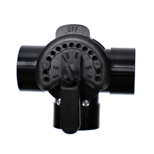 The Pentair 2" 3-Way Compool PVC Valve (263026) is a durable, lube-free control valve with three pipe connections and an adjustable dial labeled "OFF," featuring settings like "1800" and "190" for seamless automated operation and enhanced system efficiency.