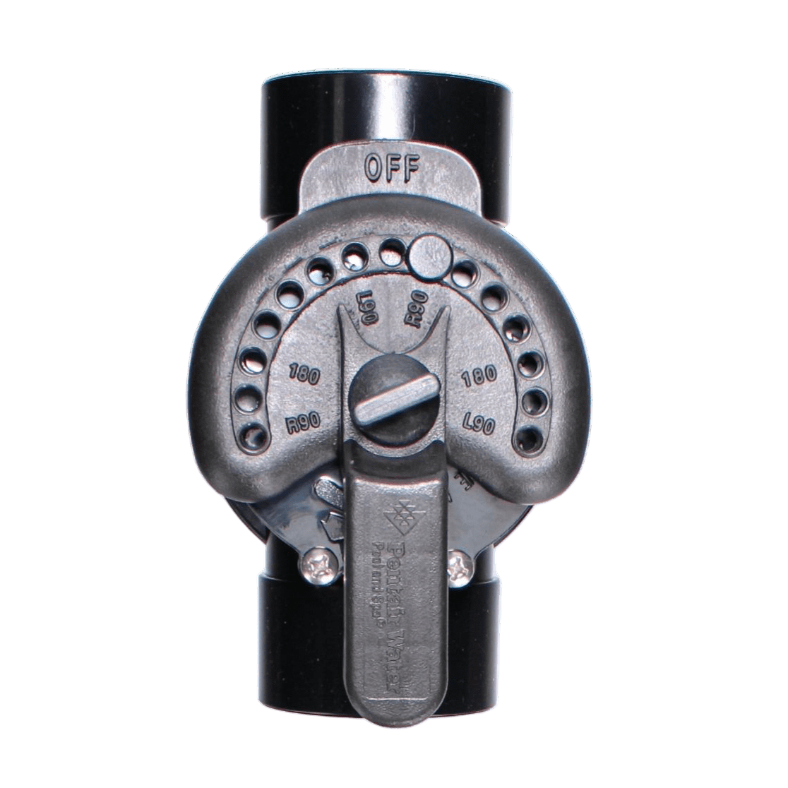 A close-up of the reliable Pentair 2" 2-Way Compool CPVC Valve, model 263027, features settings from off to various pressure levels, with the lever near the low end. No lubrication needed for its durable function.