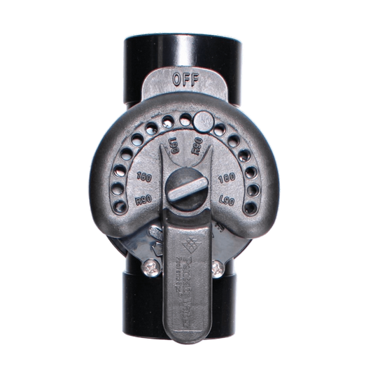 A close-up of the reliable Pentair 2" 2-Way Compool CPVC Valve, model 263027, features settings from off to various pressure levels, with the lever near the low end. No lubrication needed for its durable function.