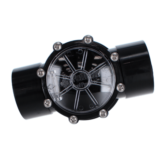 Close-up of a Pentair 2" Compool CPVC Check Valve 263042 featuring a black transparent flow meter, silver screws, visible interior mechanism, and sturdy CPVC components.