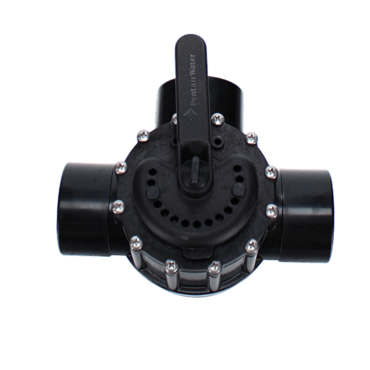 The Pentair 2-1/2" 3-Way Compool PVC Valve | 263056 features a black plastic body with a central rotating lever and multiple connections. Its advanced PTFE composite diverter seal and FullFloXF design optimize flow rates for efficient fluid control across various applications.