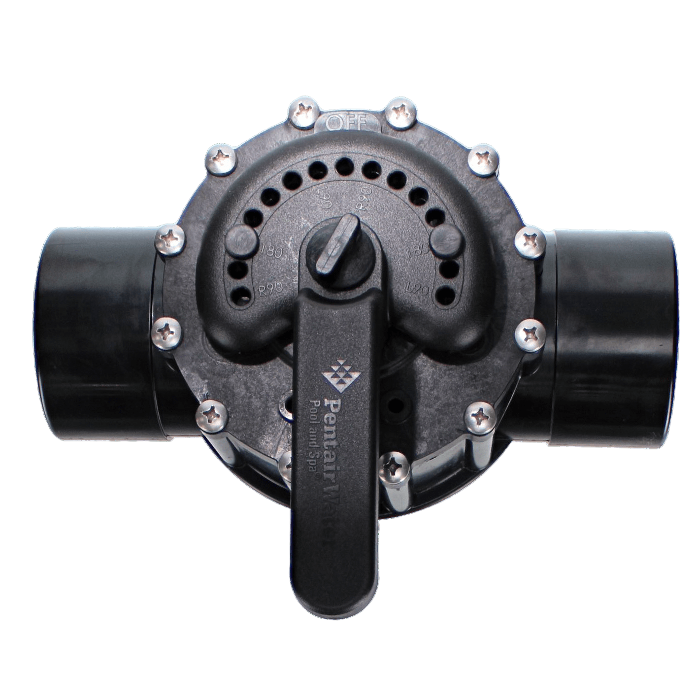 Close-up of a Pentair 2.5" x 3" CPVC 2-Way Diverter Valve (263059) with a black handle, labeled "Pentair Water," surrounded by bolts, featuring an on/off marking and a durable PTFE seal.