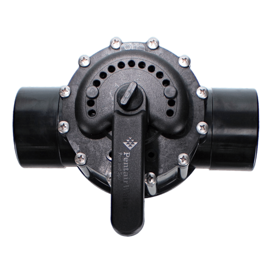 Close-up of a Pentair 2.5" x 3" CPVC 2-Way Diverter Valve (263059) with a black handle, labeled "Pentair Water," surrounded by bolts, featuring an on/off marking and a durable PTFE seal.