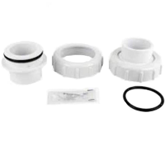 The Pentair 2" Bulkhead Union Kit, Set of 2 (271096) includes a plumbing fitting kit with three white plastic connectors, one black O-ring, and a lubricant packet.