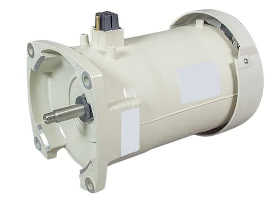 The Pentair IntelliFlo Pump Motor 3.2 kW 10 Pole (350305S) features a white cylindrical design with a protruding shaft and multiple mounting points, offering exceptional energy savings as an efficient replacement option for your needs.