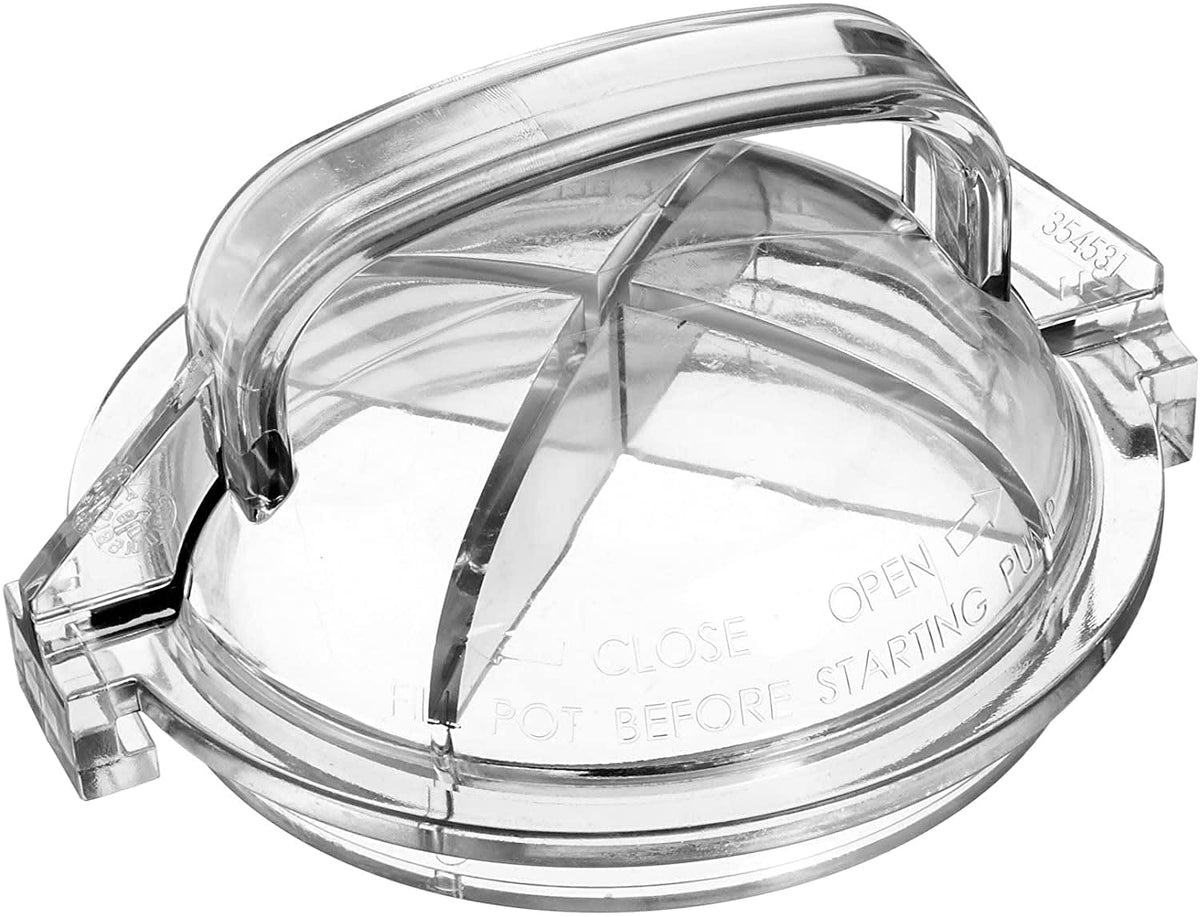 The Pentair Dynamo Strainer Pot Lid (354531) is a clear plastic lid with handle and labeled instructions, designed for use with a pump or filtration system.