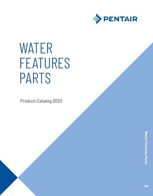 The Pentair 2023 catalog showcases the "Water Features Parts" cover with a blue and white geometric design, featuring the Pentair ColorVision Bubbler Eyeball Assembly Kit (590135).